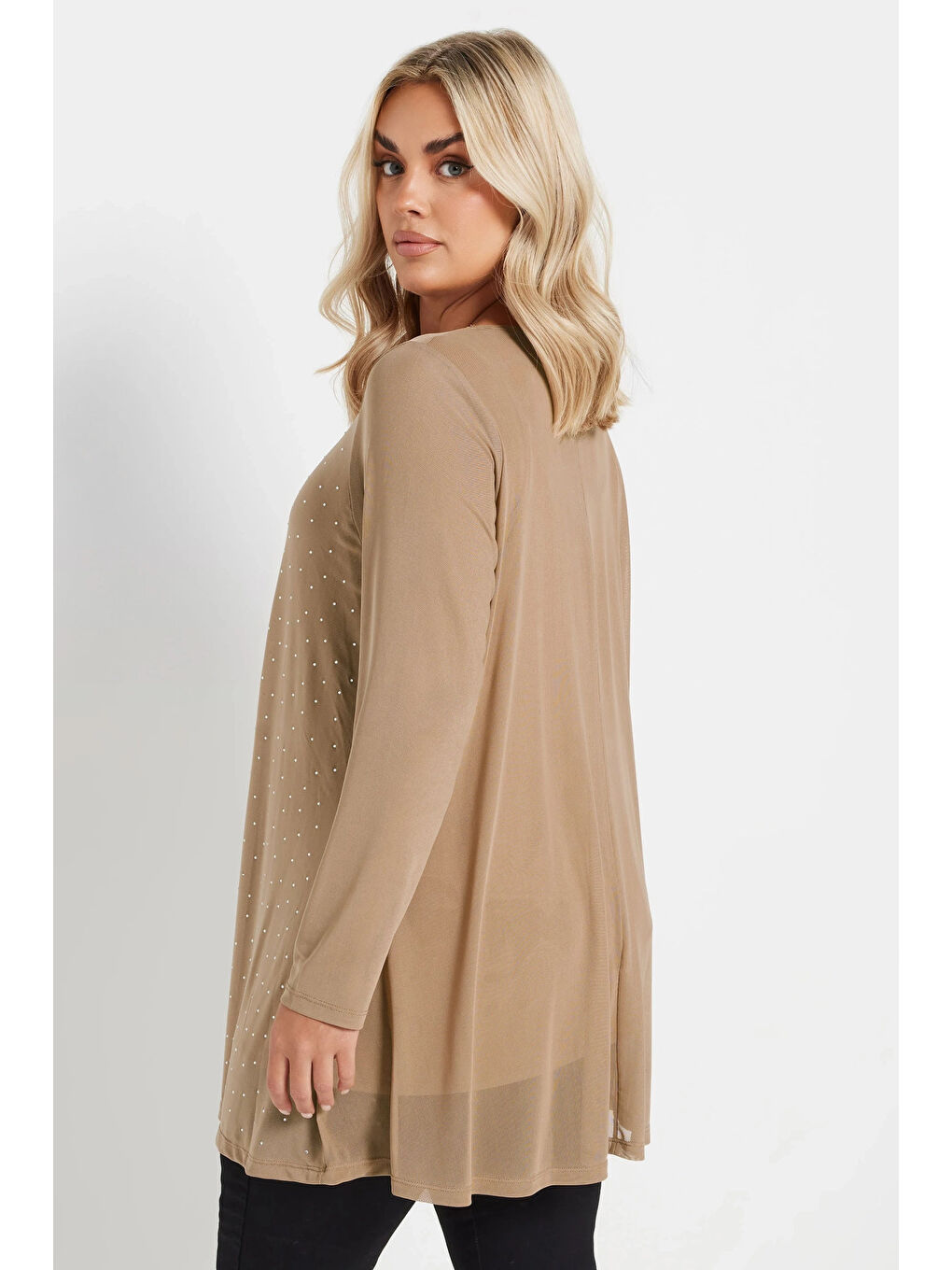 Kahverengi Büyük Beden Uzun Kollu İçi Astarlı Taş İşlemeli Bluz 303787-4