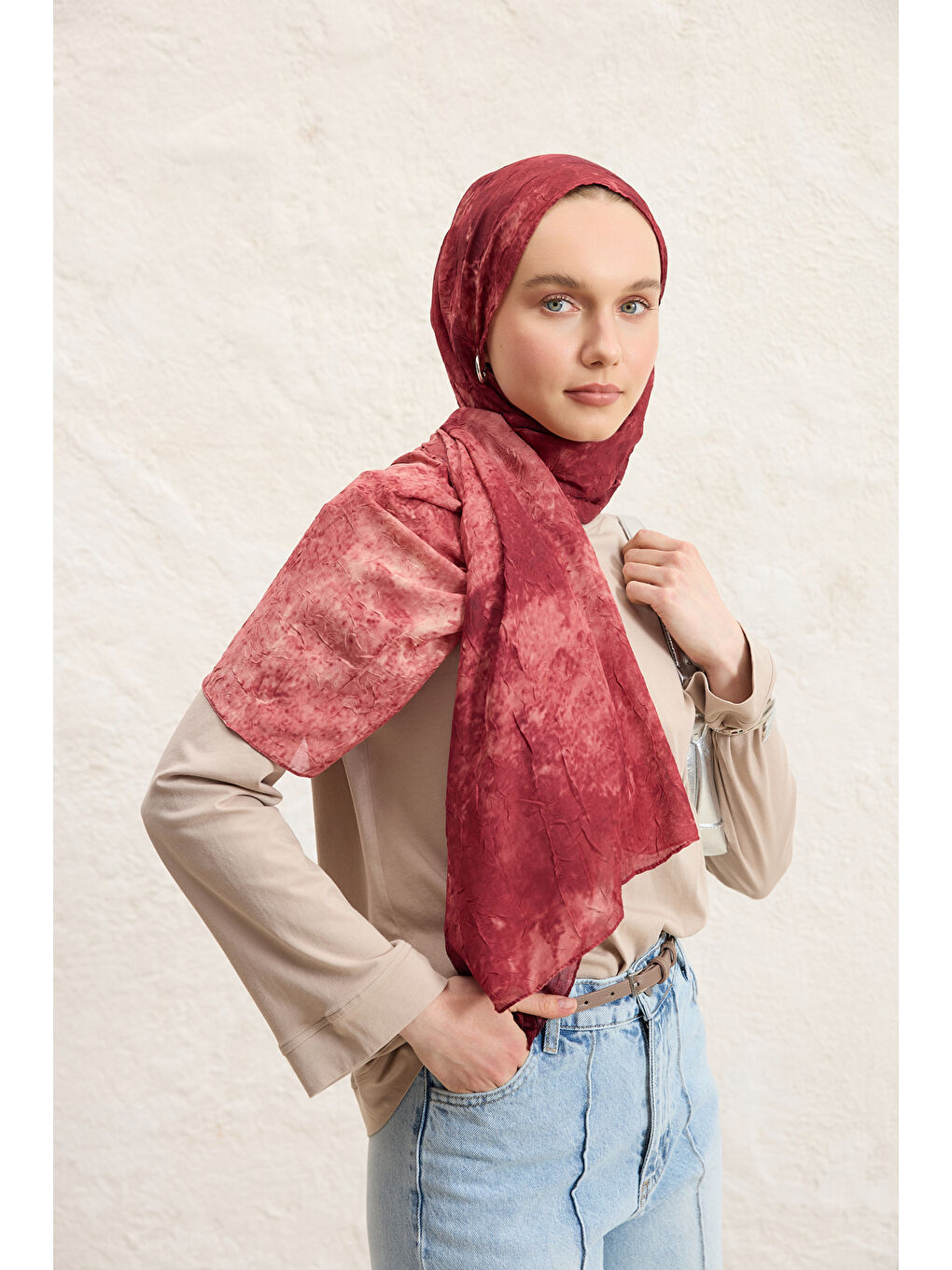 Vela Desenli Pamuk Şal Bordo-6