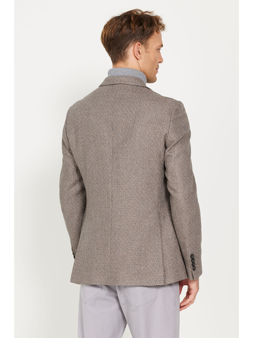 Kahverengi Erkek Kahve-Mavi Slim Fit Dar Kesim Mono Yaka Desenli Yünlü Ceket-6