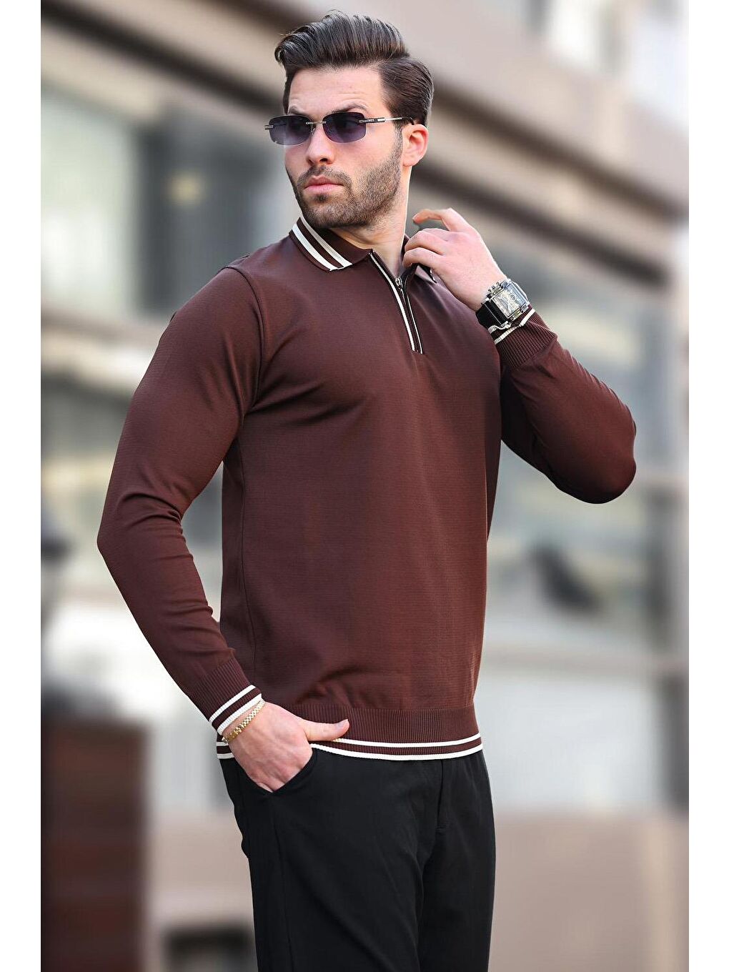 Kahverengi Fermuar Yaka Çizgi Detaylı Erkek Kazak E7290-2