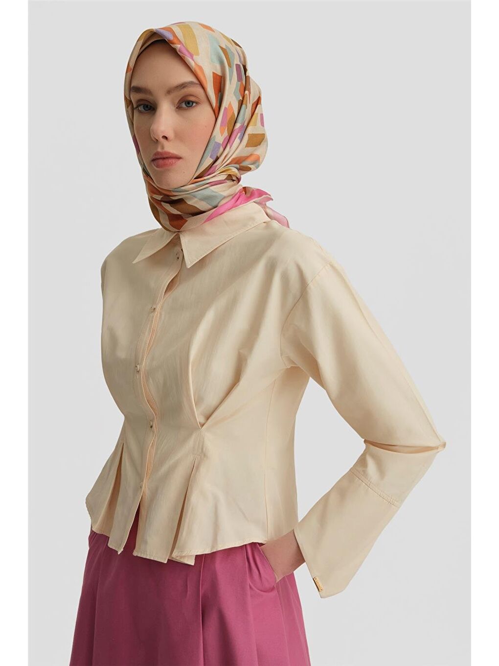 Bej Bel Pileli Gömlek 25Y3713 Naturel-2