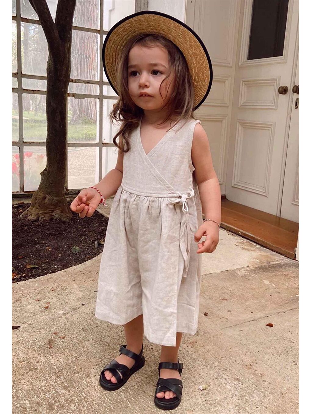 Ekru Kız Çocuk Keten Elbise