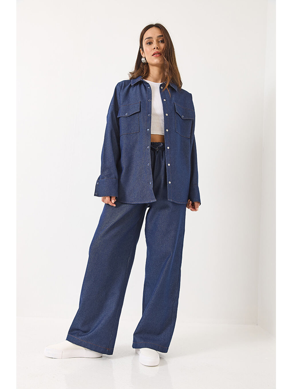 Lacivert Kadın Oversize Gömlekli Palazzo Pantolunlu Denim Alt Üst Takım-1