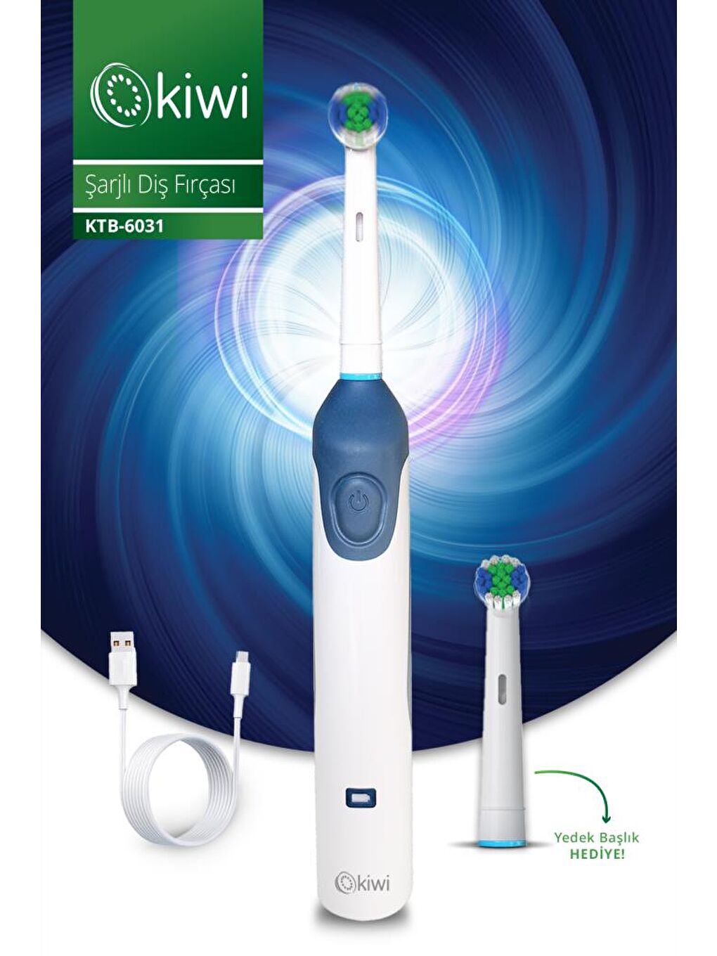 KTB-6031 Şarjlı Döner ve Titreşim Başlıklı Diş Fırçası & Yedek Başlık | 600 mAh Li-Ion & IPX7