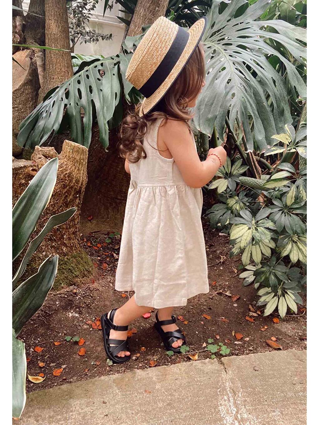 Ekru Kız Çocuk Keten Elbise-1