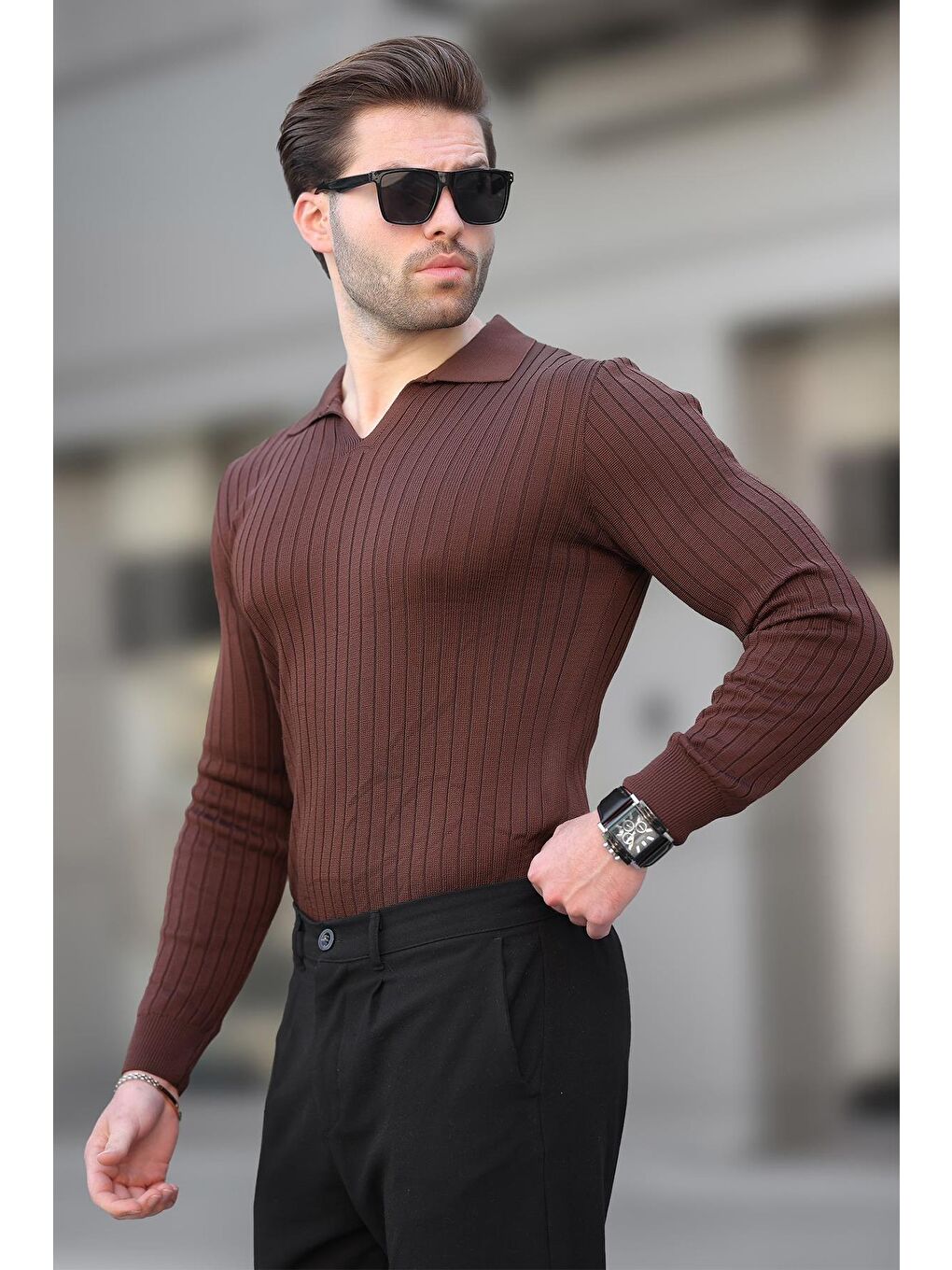 Kahverengi Polo Yaka Çizgili Uzun Kollu Erkek Kazak 7289