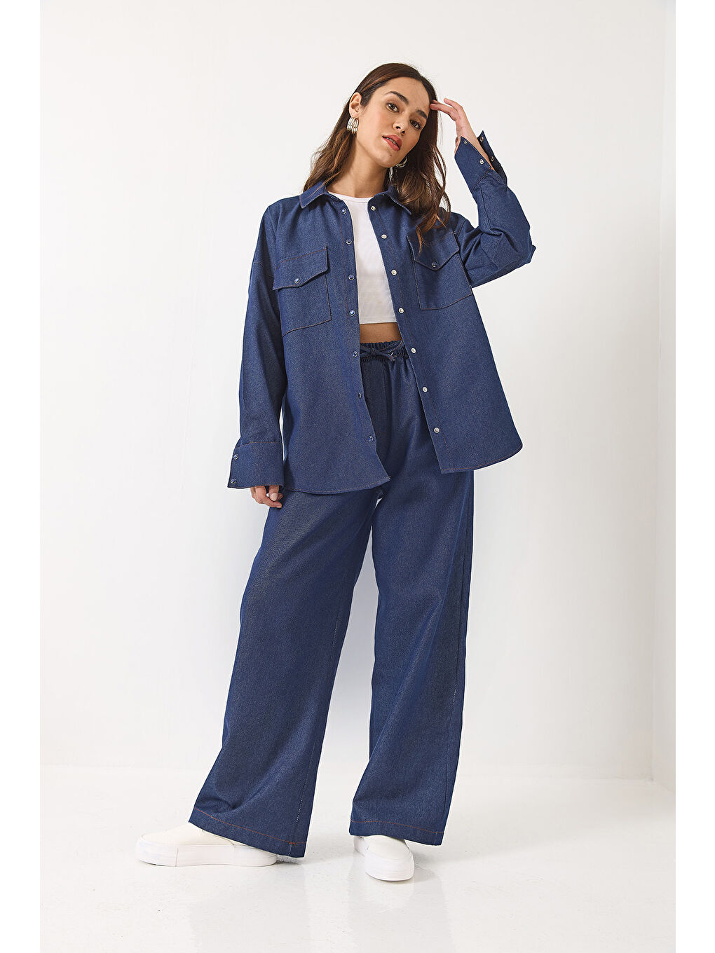 Lacivert Kadın Oversize Gömlekli Palazzo Pantolunlu Denim Alt Üst Takım-2
