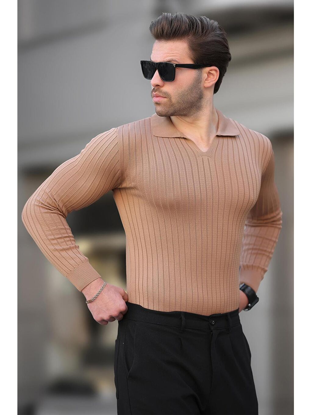 Kahverengi Camel Polo Yaka Çizgili Uzun Kollu Erkek Kazak 7289