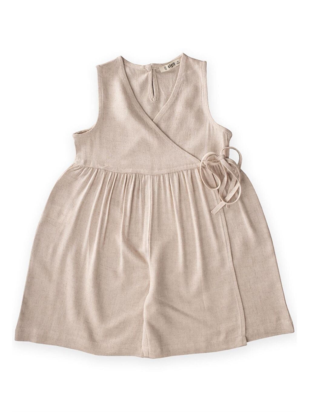 Ekru Kız Çocuk Keten Elbise-2