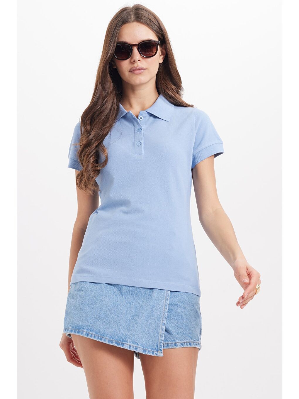 Kadın Slim Fit Dar Kesim %100 Pamuk Polo Yaka Mavipike Tişört