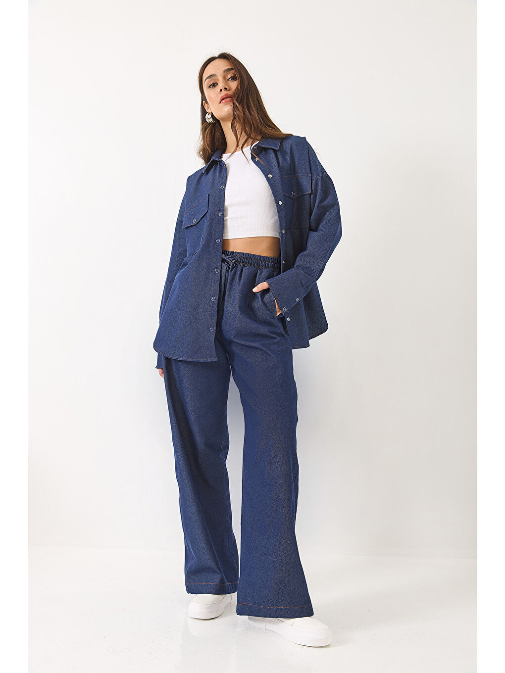 Lacivert Kadın Oversize Gömlekli Palazzo Pantolunlu Denim Alt Üst Takım-3