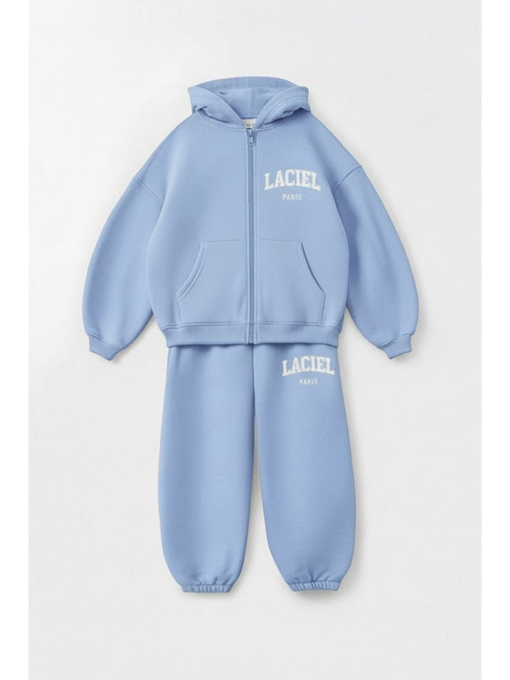 Kız Çocuk Pamuklu Mavi Kapüşonlu Fermuarlı Eşofman Takım – Rahat Kesim