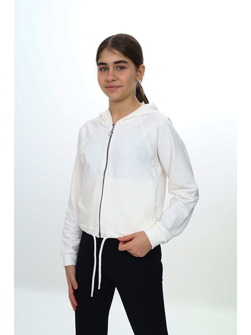 Ekru Kız Çocuk Kapüşonlu Hırka-1