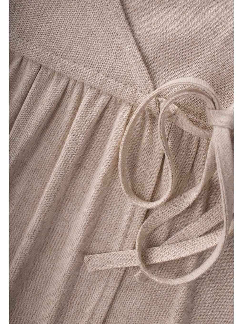 Ekru Kız Çocuk Keten Elbise-4