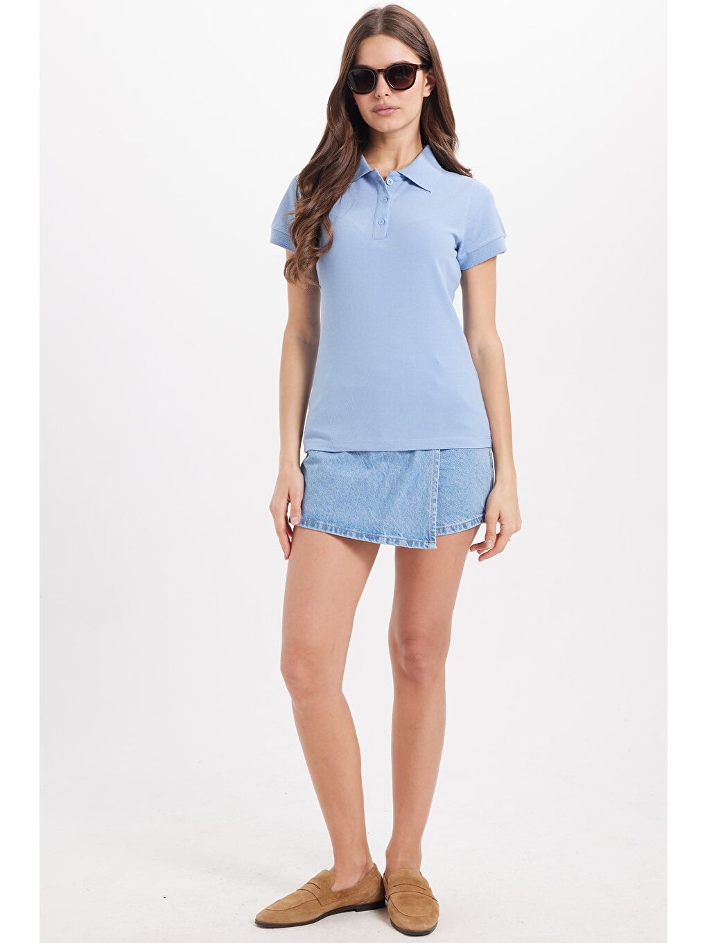 Kadın Slim Fit Dar Kesim %100 Pamuk Polo Yaka Mavipike Tişört-1