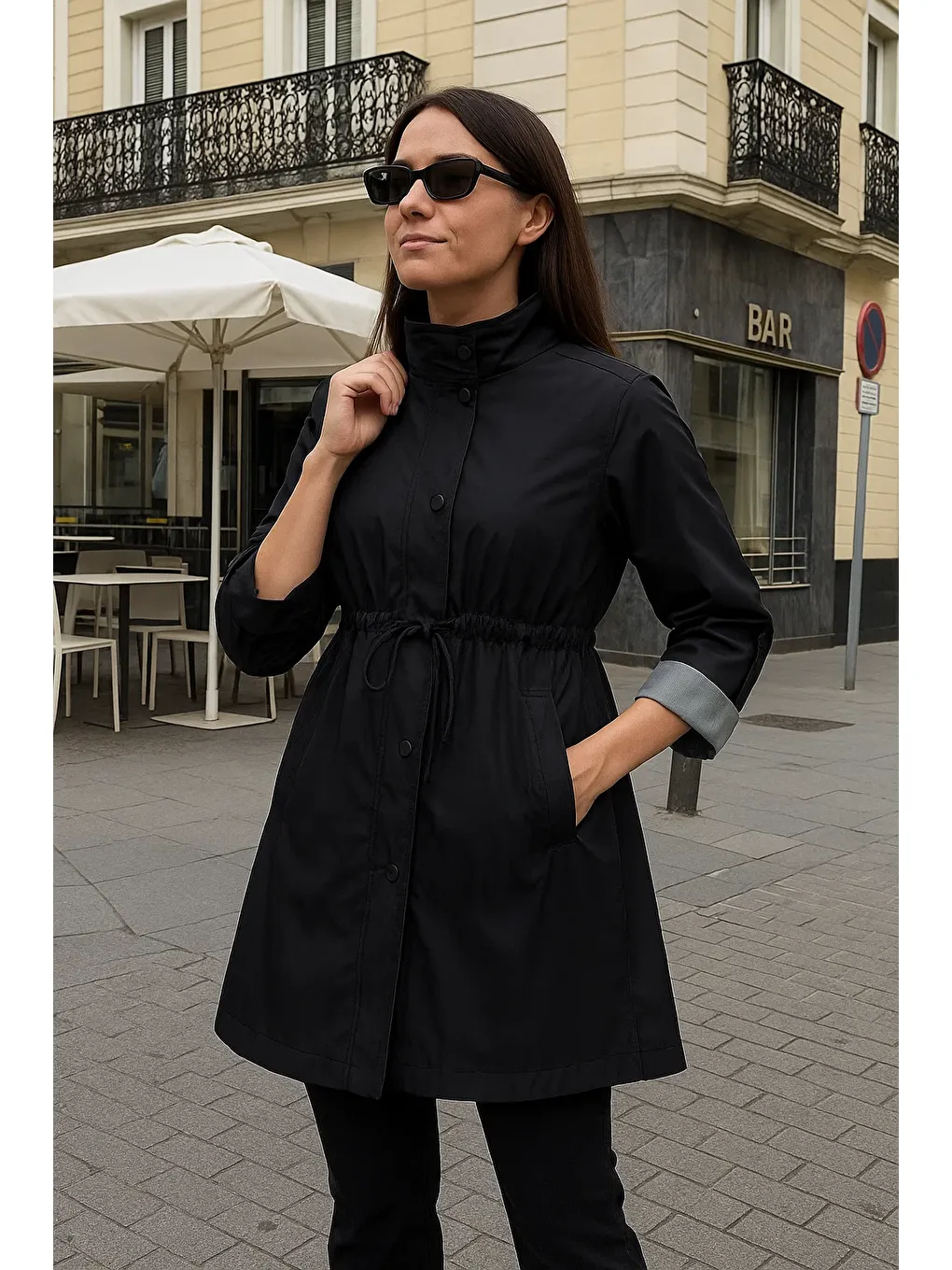Kadın Astarlı Premium Siyah Kısa Trençkot