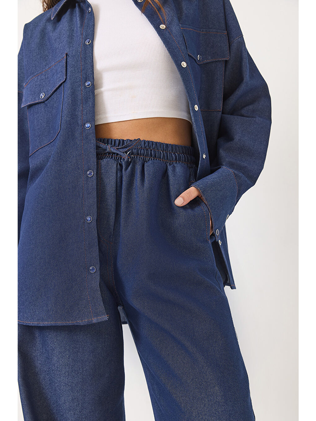 Lacivert Kadın Oversize Gömlekli Palazzo Pantolunlu Denim Alt Üst Takım-4