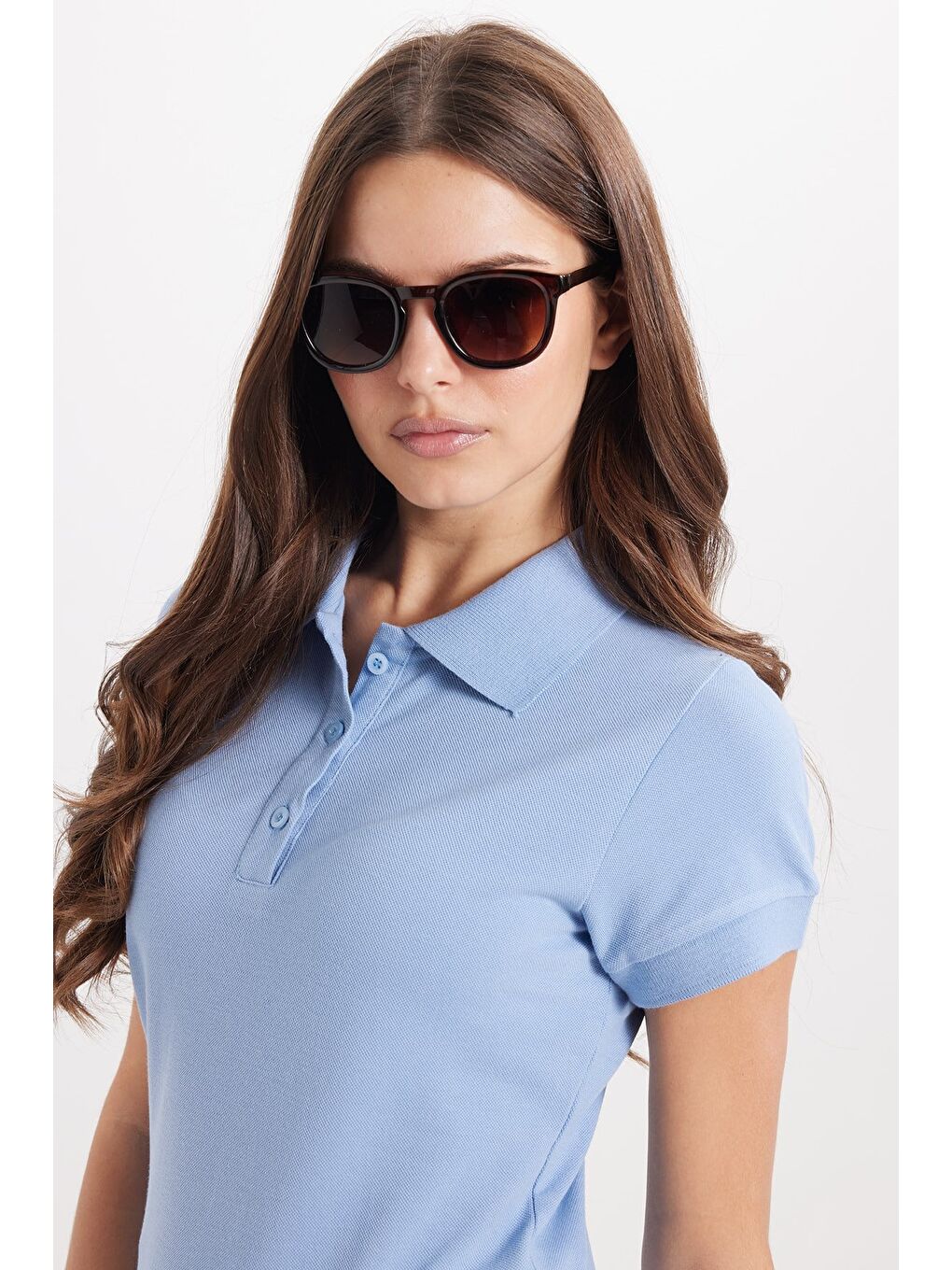 Kadın Slim Fit Dar Kesim %100 Pamuk Polo Yaka Mavipike Tişört-2