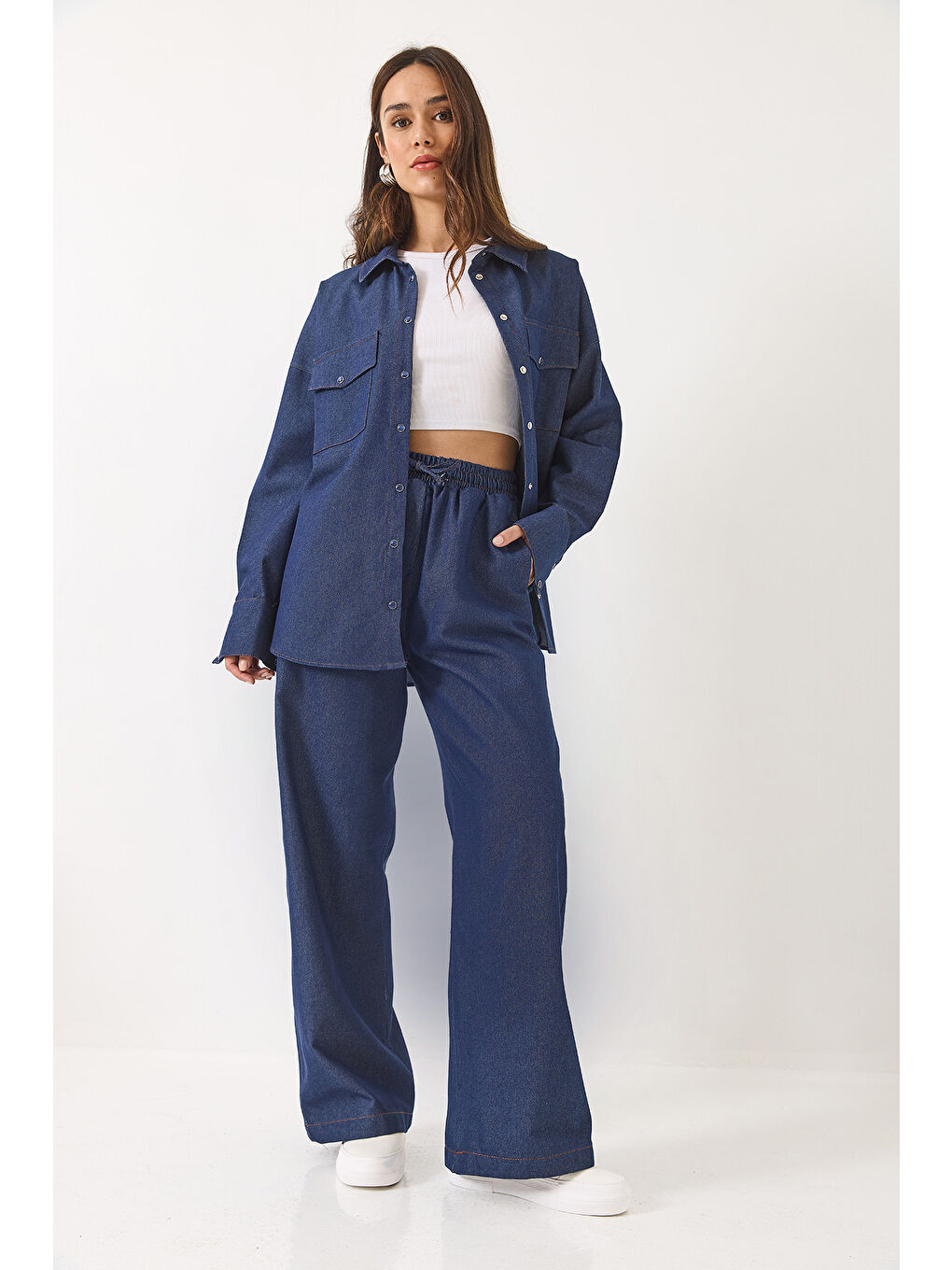 Lacivert Kadın Oversize Gömlekli Palazzo Pantolunlu Denim Alt Üst Takım-5
