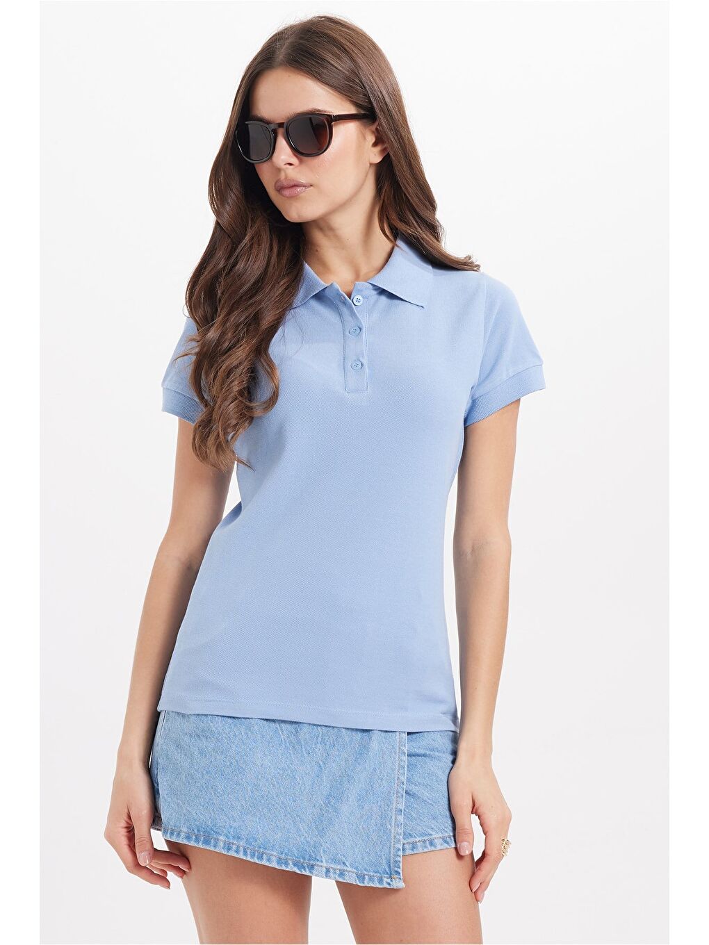 Kadın Slim Fit Dar Kesim %100 Pamuk Polo Yaka Mavipike Tişört-3