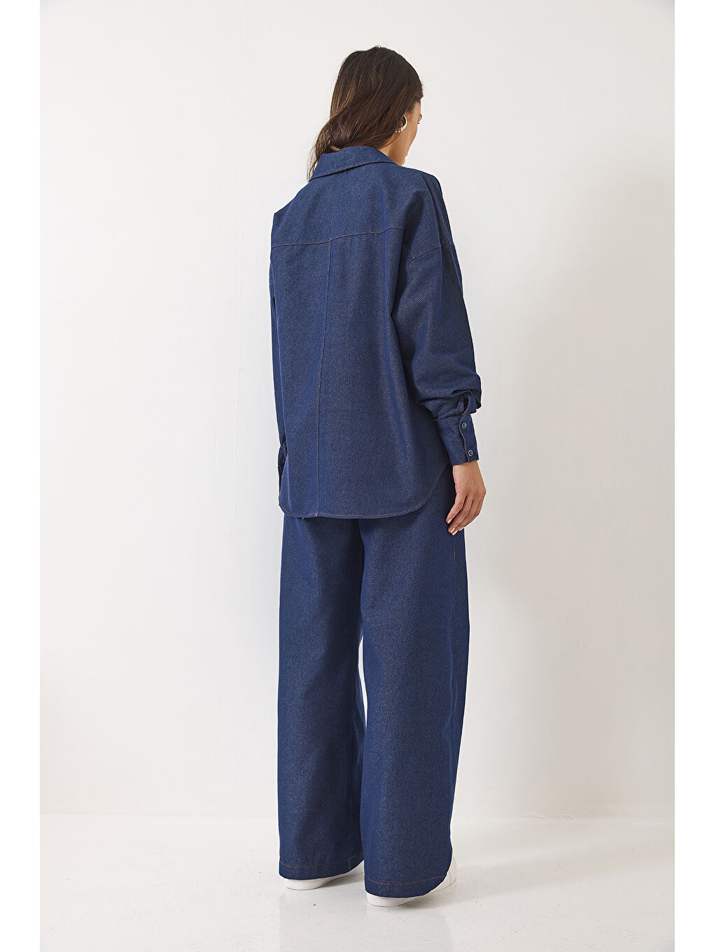 Lacivert Kadın Oversize Gömlekli Palazzo Pantolunlu Denim Alt Üst Takım-6