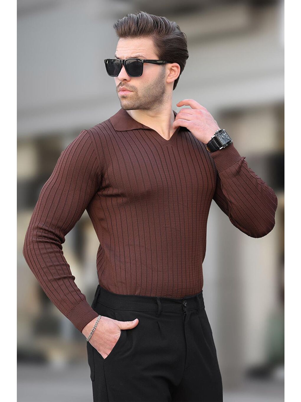 Kahverengi Polo Yaka Çizgili Uzun Kollu Erkek Kazak 7289-1