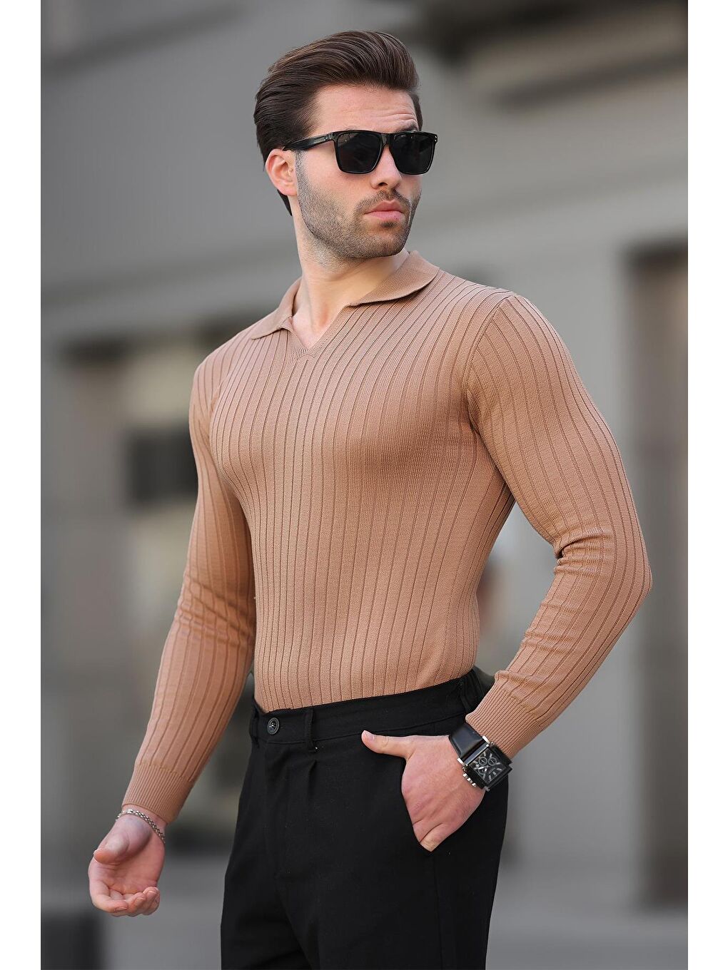 Kahverengi Camel Polo Yaka Çizgili Uzun Kollu Erkek Kazak 7289-1