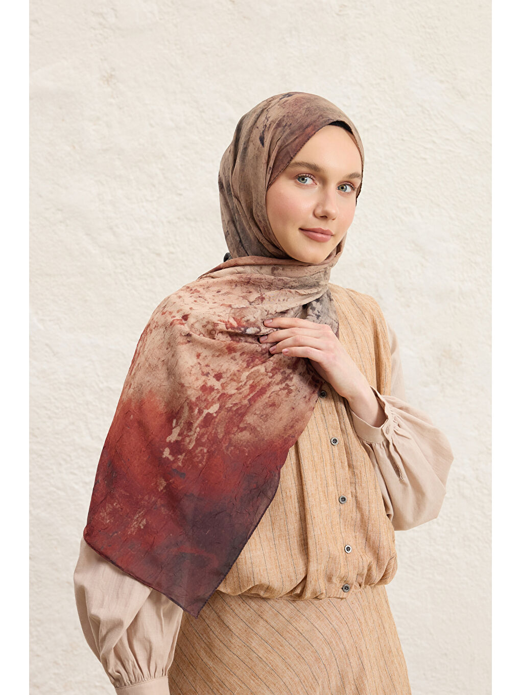 Kahverengi Vela Desenli Pamuk Şal Camel