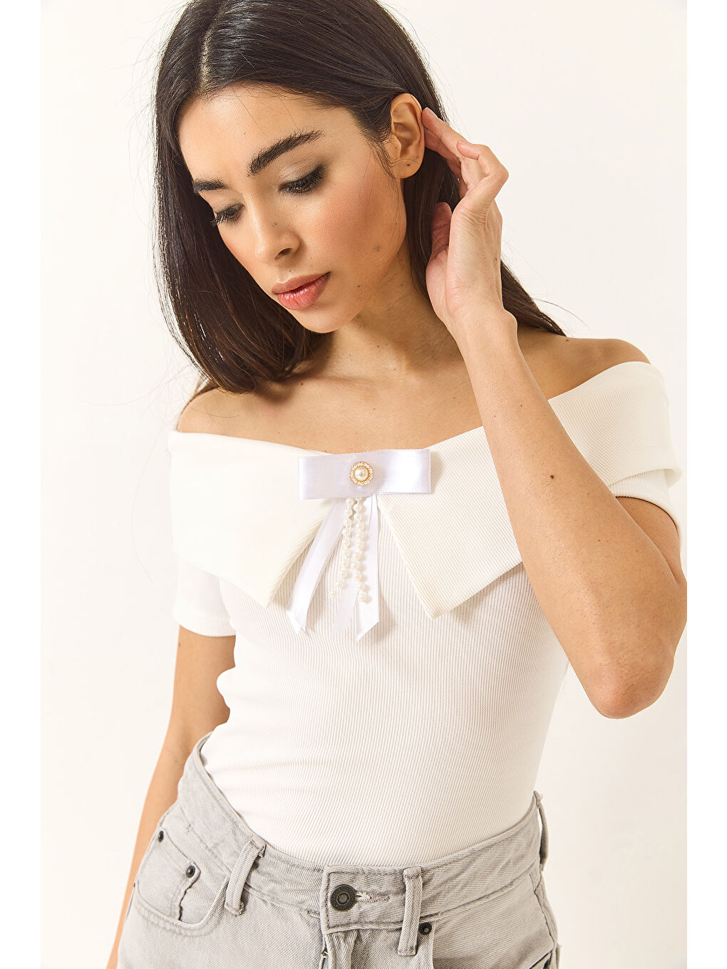 Beyaz Kadın Kurdele Detaylı Manonnda Yaka Bluz-2