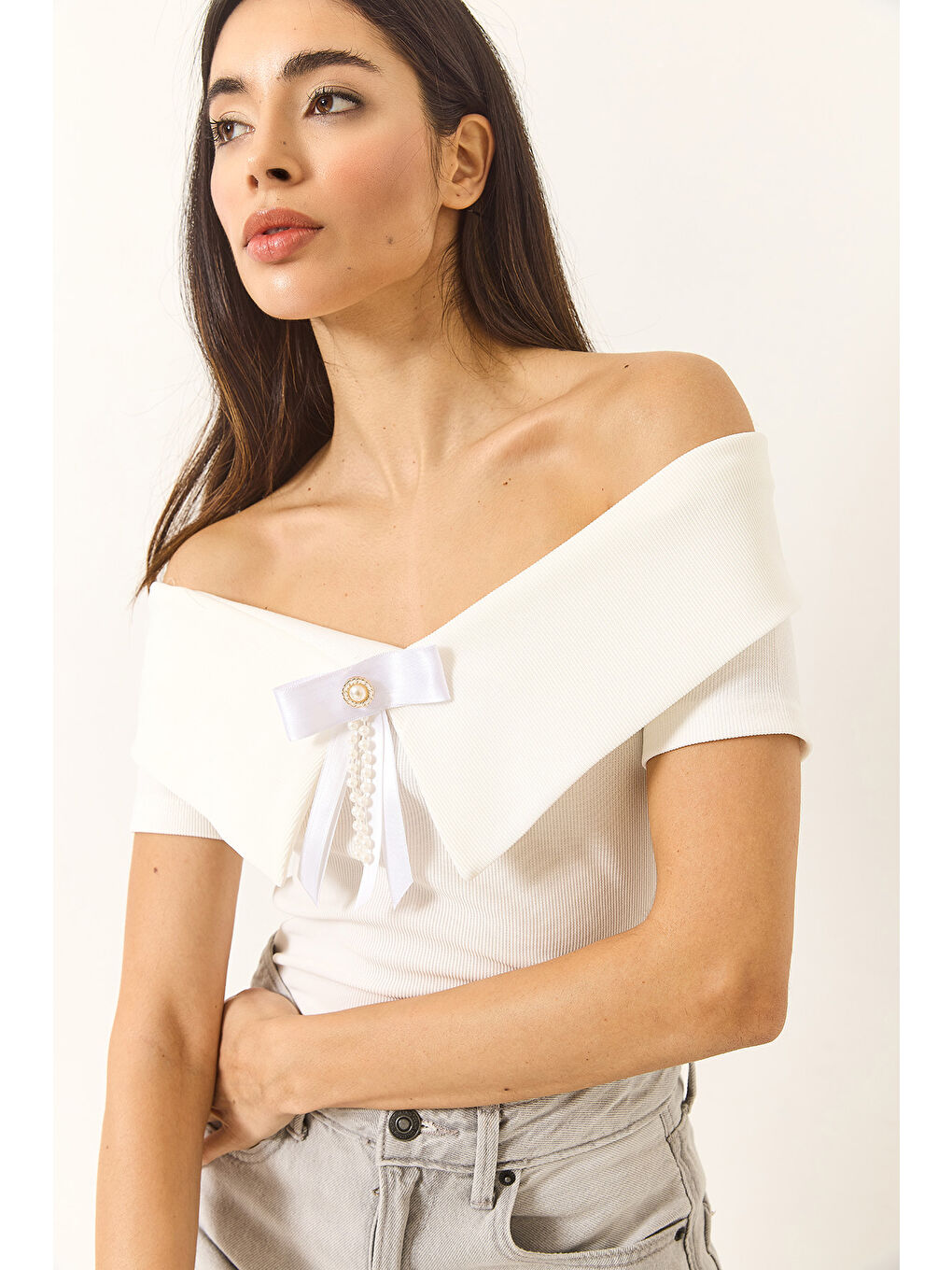 Beyaz Kadın Kurdele Detaylı Manonnda Yaka Bluz-3