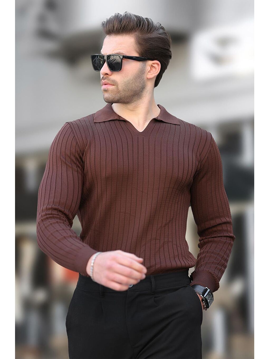 Kahverengi Polo Yaka Çizgili Uzun Kollu Erkek Kazak 7289-2