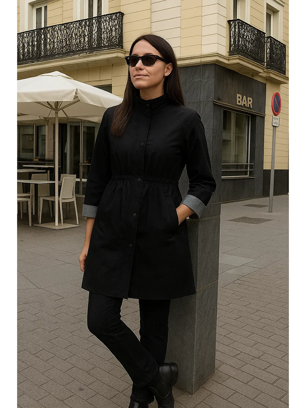 Kadın Astarlı Premium Siyah Kısa Trençkot-3