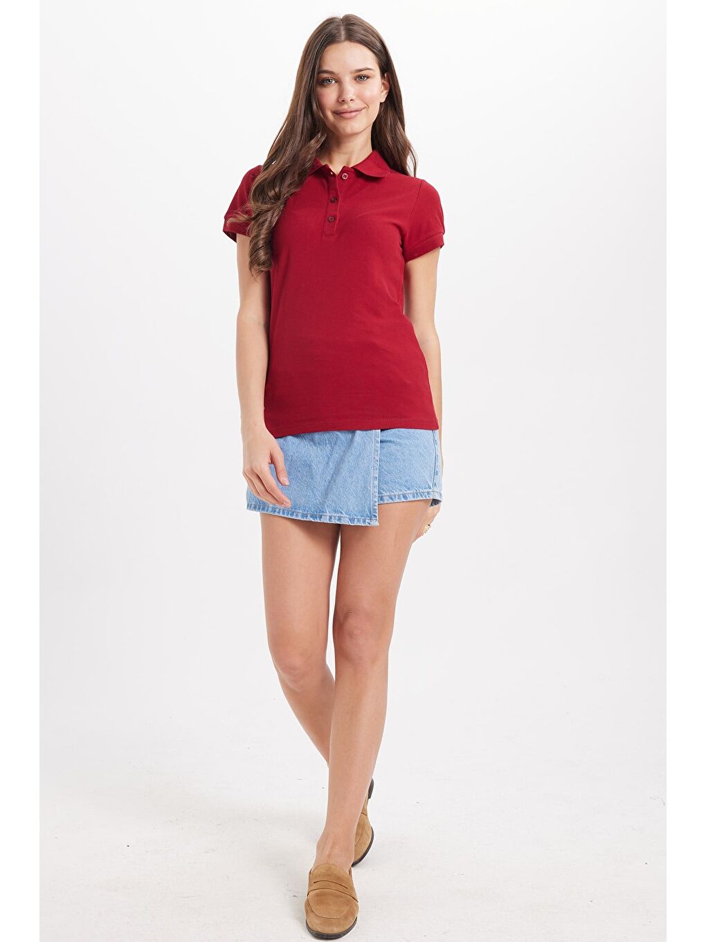 Kadın Slim Fit Dar Kesim %100 Pamuk Polo Yaka Bordo Pike Tişört-1