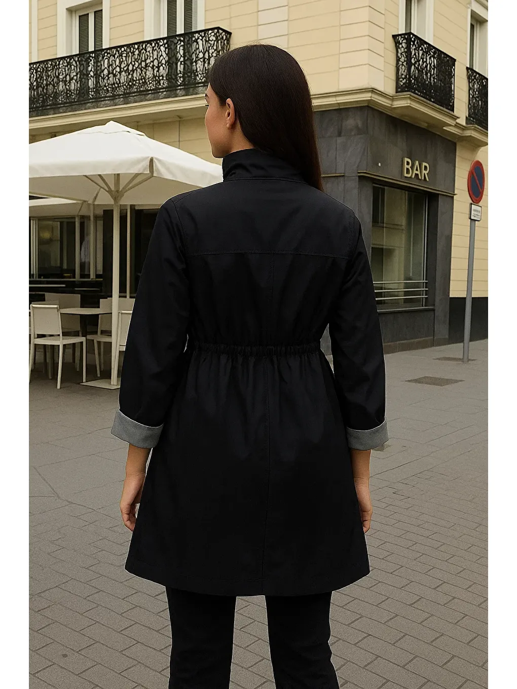 Kadın Astarlı Premium Siyah Kısa Trençkot-4