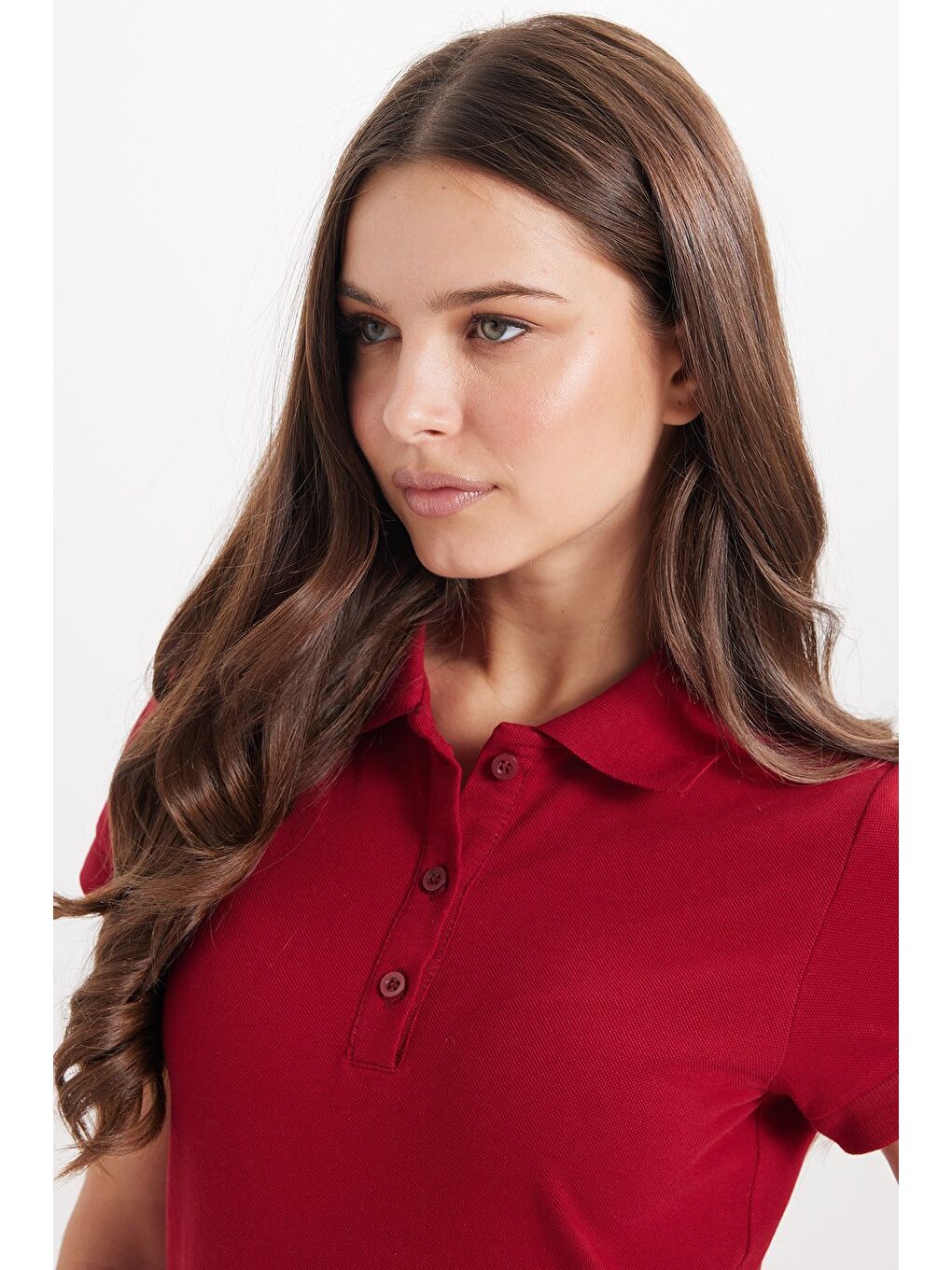 Kadın Slim Fit Dar Kesim %100 Pamuk Polo Yaka Bordo Pike Tişört-2