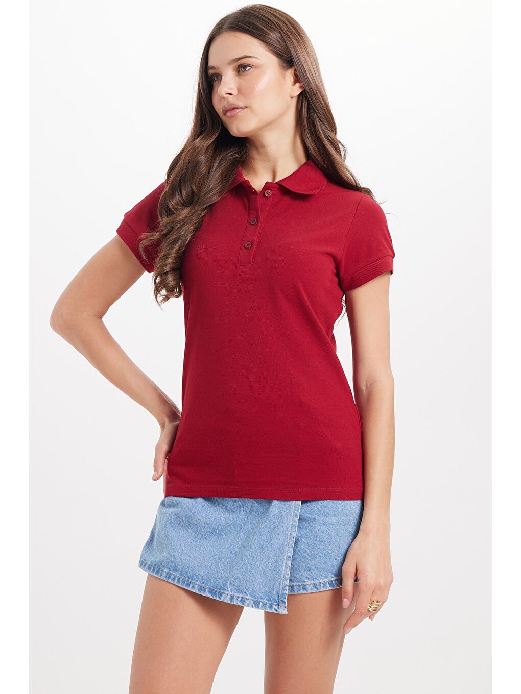 Kadın Slim Fit Dar Kesim %100 Pamuk Polo Yaka Bordo Pike Tişört-3