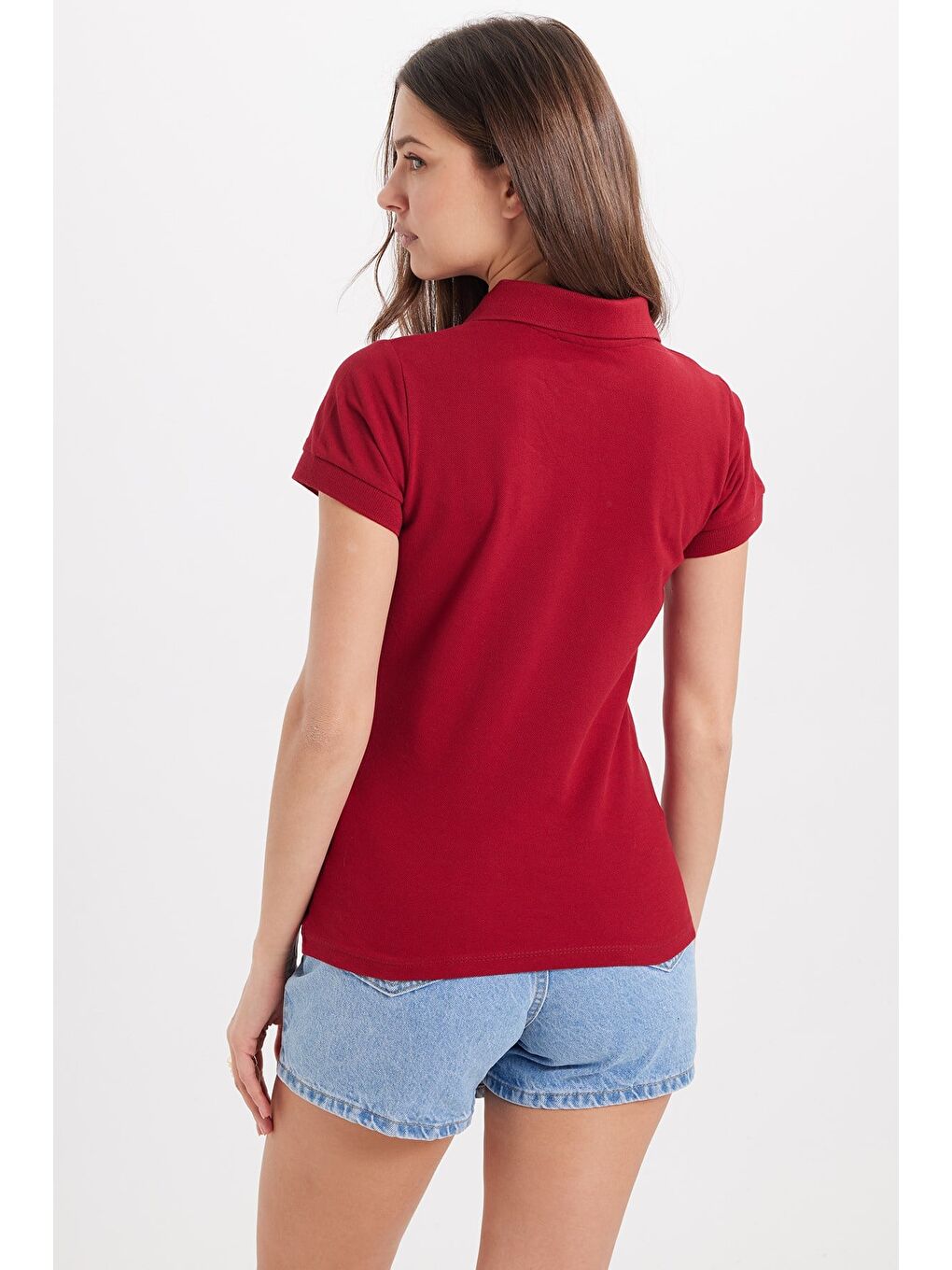Kadın Slim Fit Dar Kesim %100 Pamuk Polo Yaka Bordo Pike Tişört-6