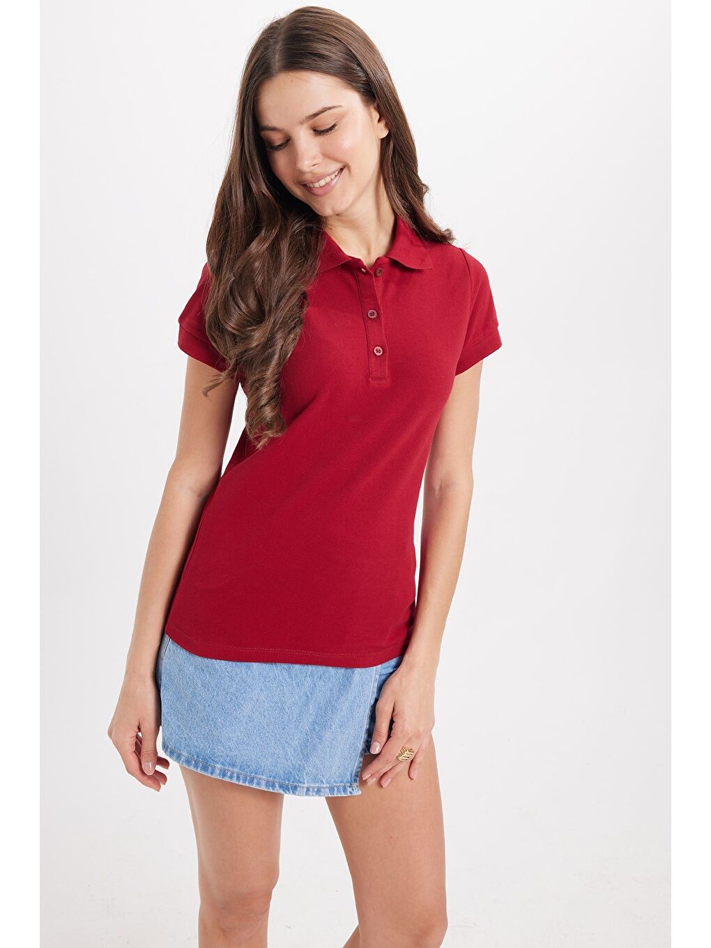Kadın Slim Fit Dar Kesim %100 Pamuk Polo Yaka Bordo Pike Tişört-7