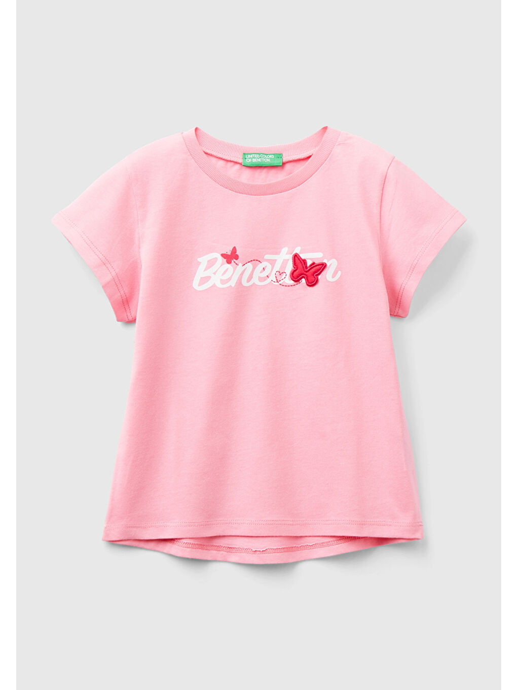 United Colors Of Benetton Pembe Kız Çocuk Pembe Su Baskılı Logolu ve Aplikeli  Yaz T-Shirt