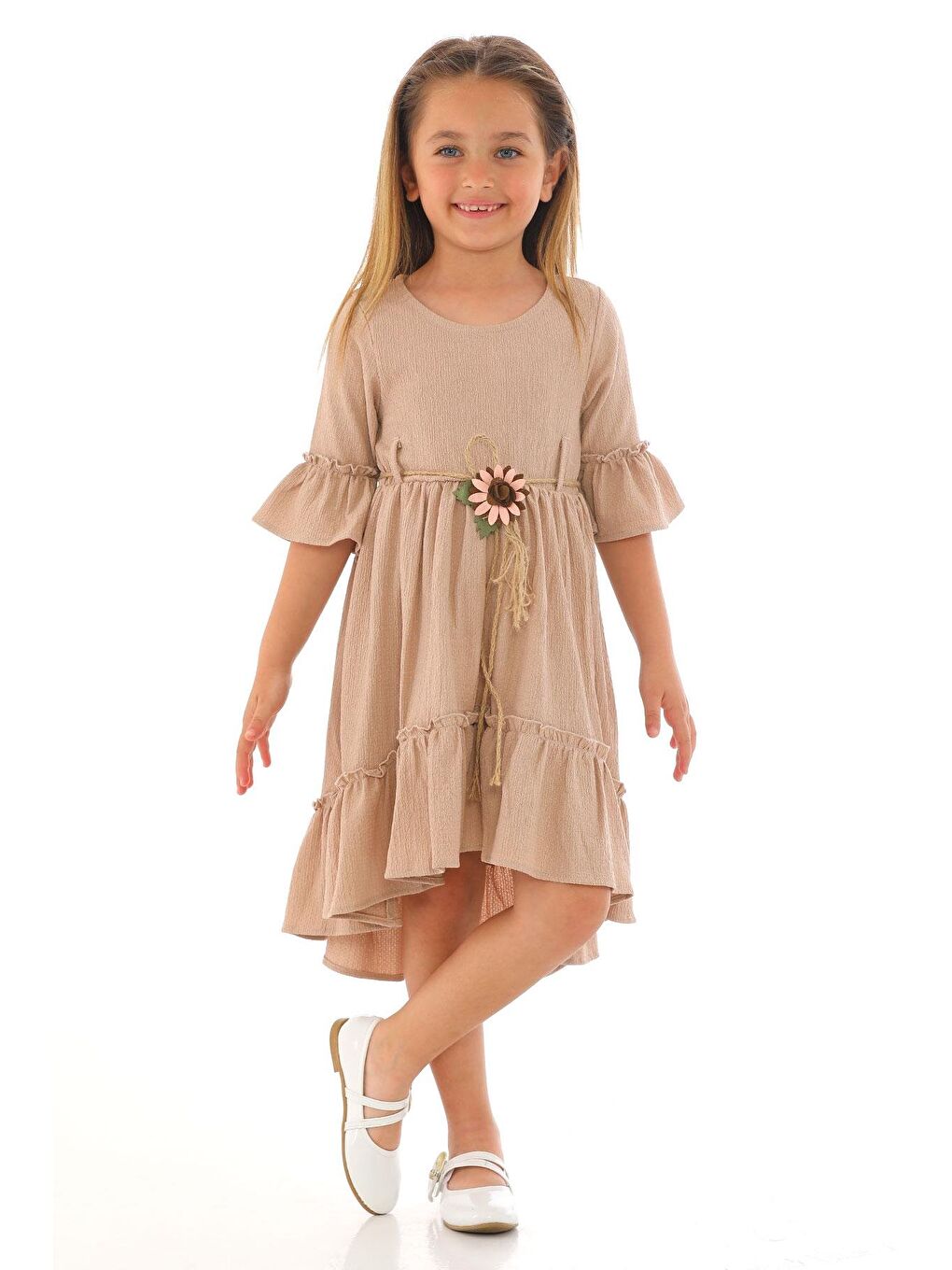 Bisiklet Yaka Karpuz Kol Beli Hasır Kuşaklı Bej Renk Kız Çocuk Elbise