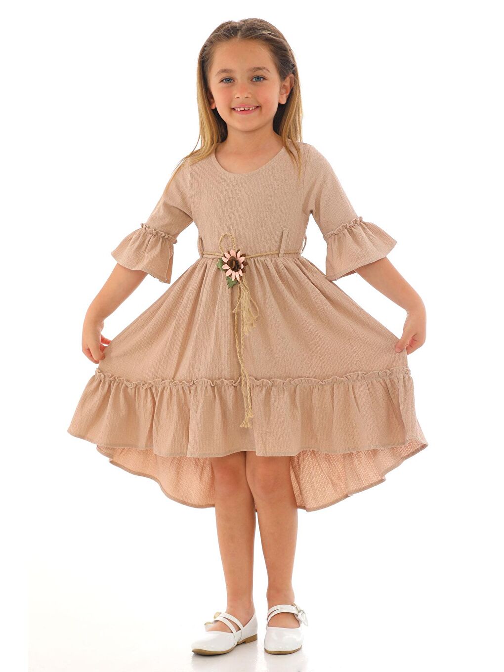 Bisiklet Yaka Karpuz Kol Beli Hasır Kuşaklı Bej Renk Kız Çocuk Elbise-1