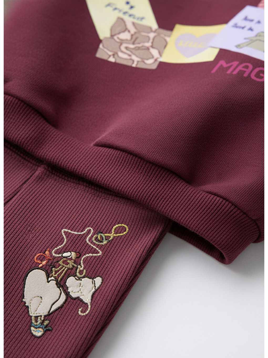 Kız Çocuk Pamuklu Bordo Kalpli Baskılı Sweatshirt Eşofman Takım-2