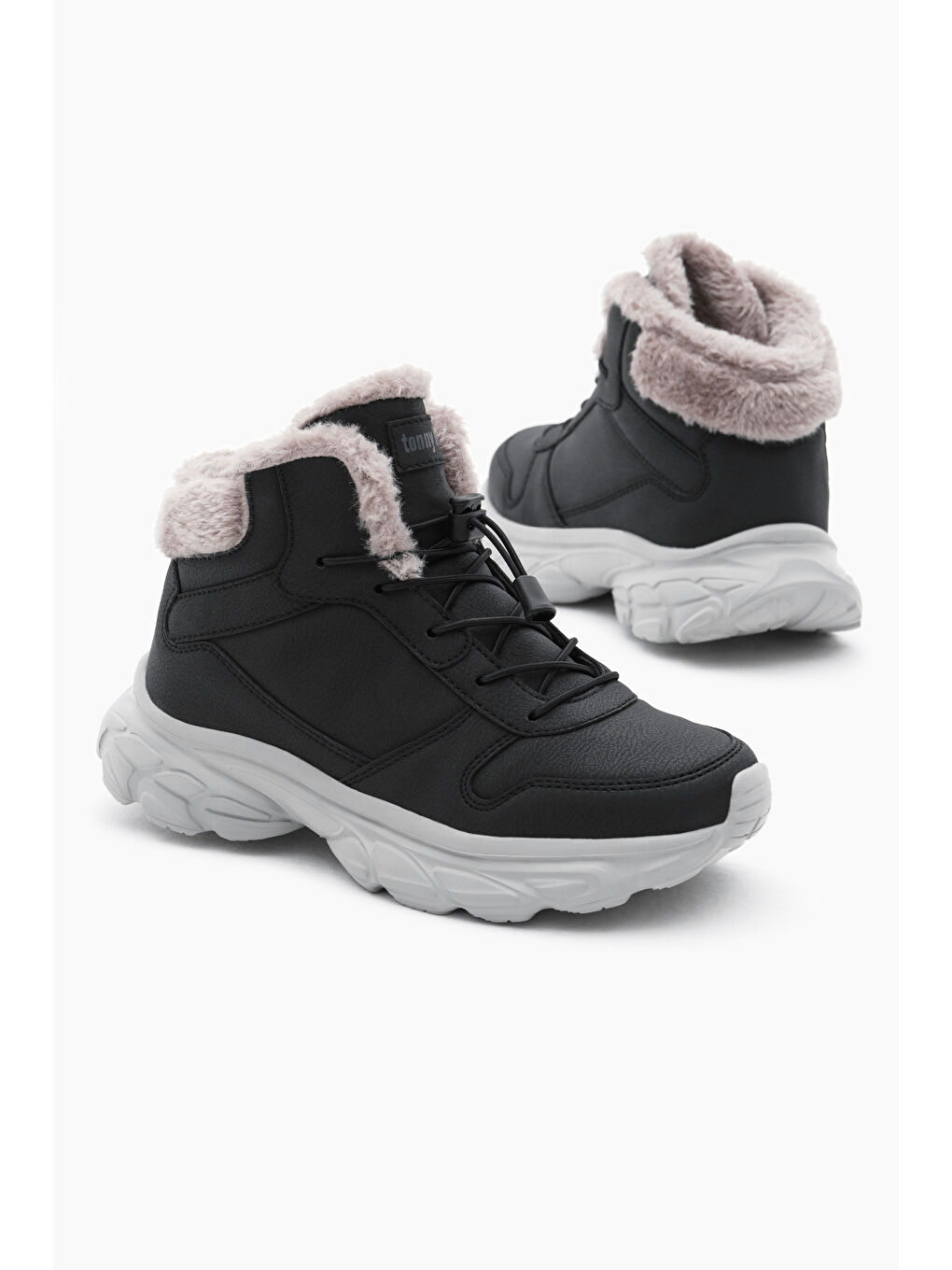 Çocuk Unisex Siyah Faylon Taban İçi Kürklü Lastik Bağcıklı Bot-2