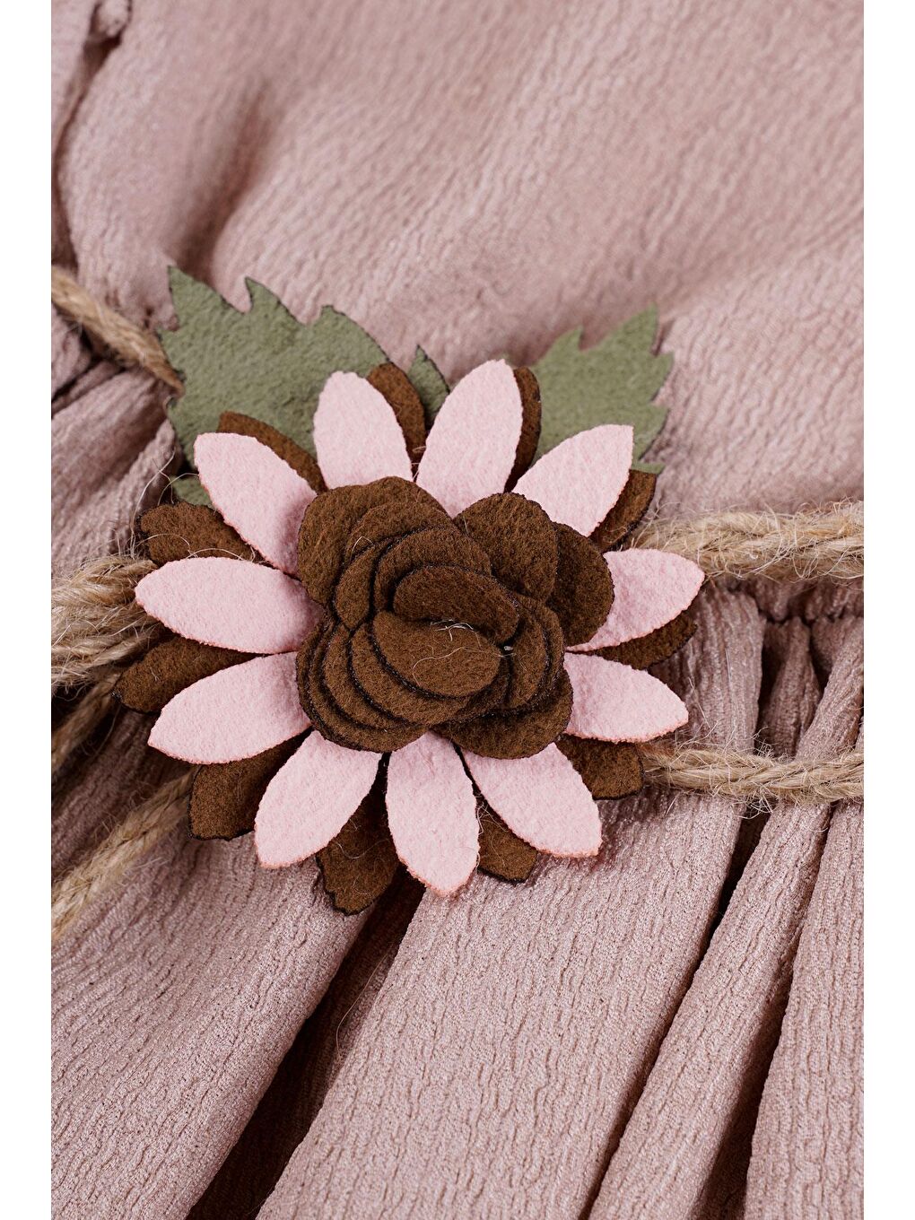 Bisiklet Yaka Karpuz Kol Beli Hasır Kuşaklı Bej Renk Kız Çocuk Elbise-2