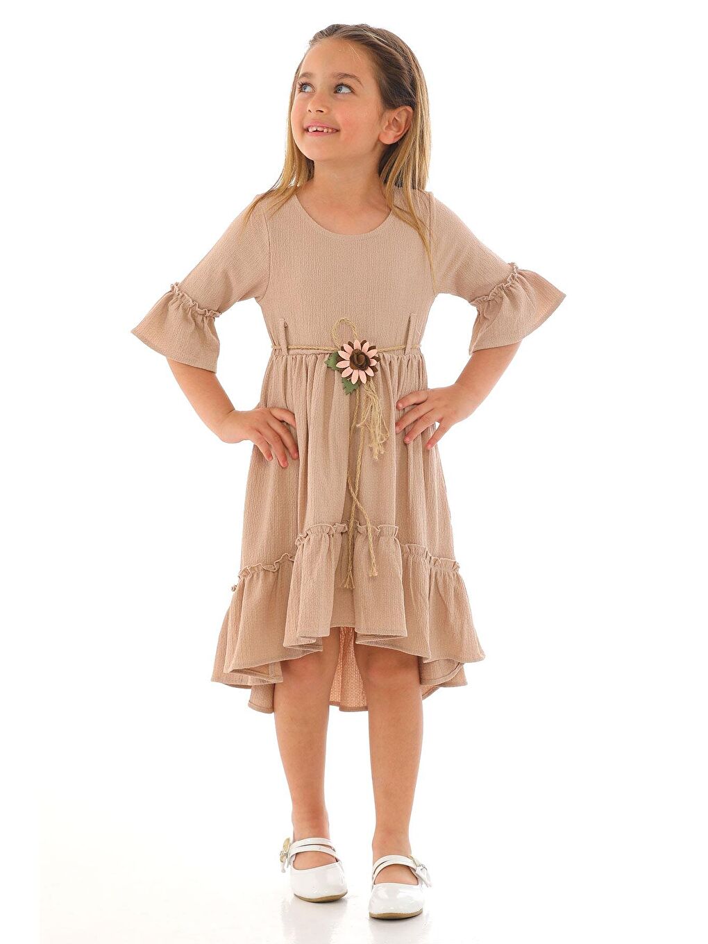 Bisiklet Yaka Karpuz Kol Beli Hasır Kuşaklı Bej Renk Kız Çocuk Elbise-3