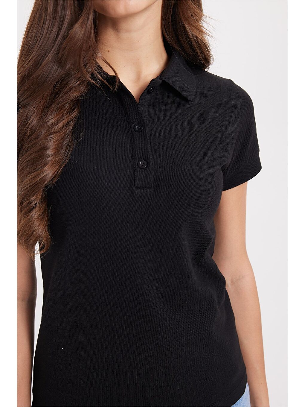 Kadın Slim Fit Dar Kesim %100 Pamuk Polo Yaka Siyah Pike Tişört-4