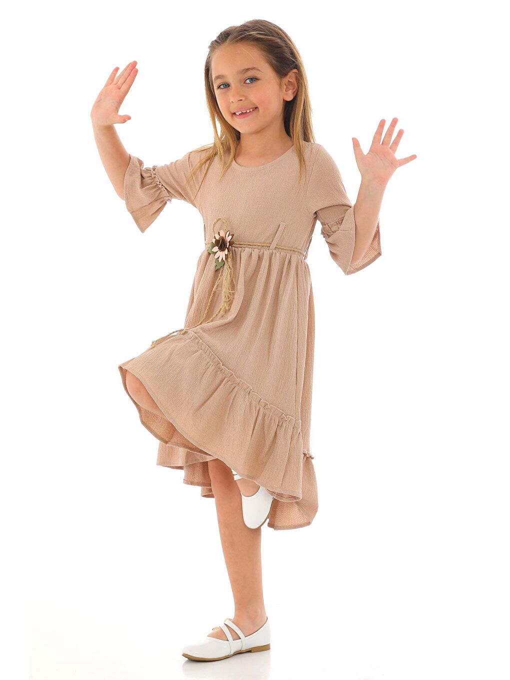 Bisiklet Yaka Karpuz Kol Beli Hasır Kuşaklı Bej Renk Kız Çocuk Elbise-4