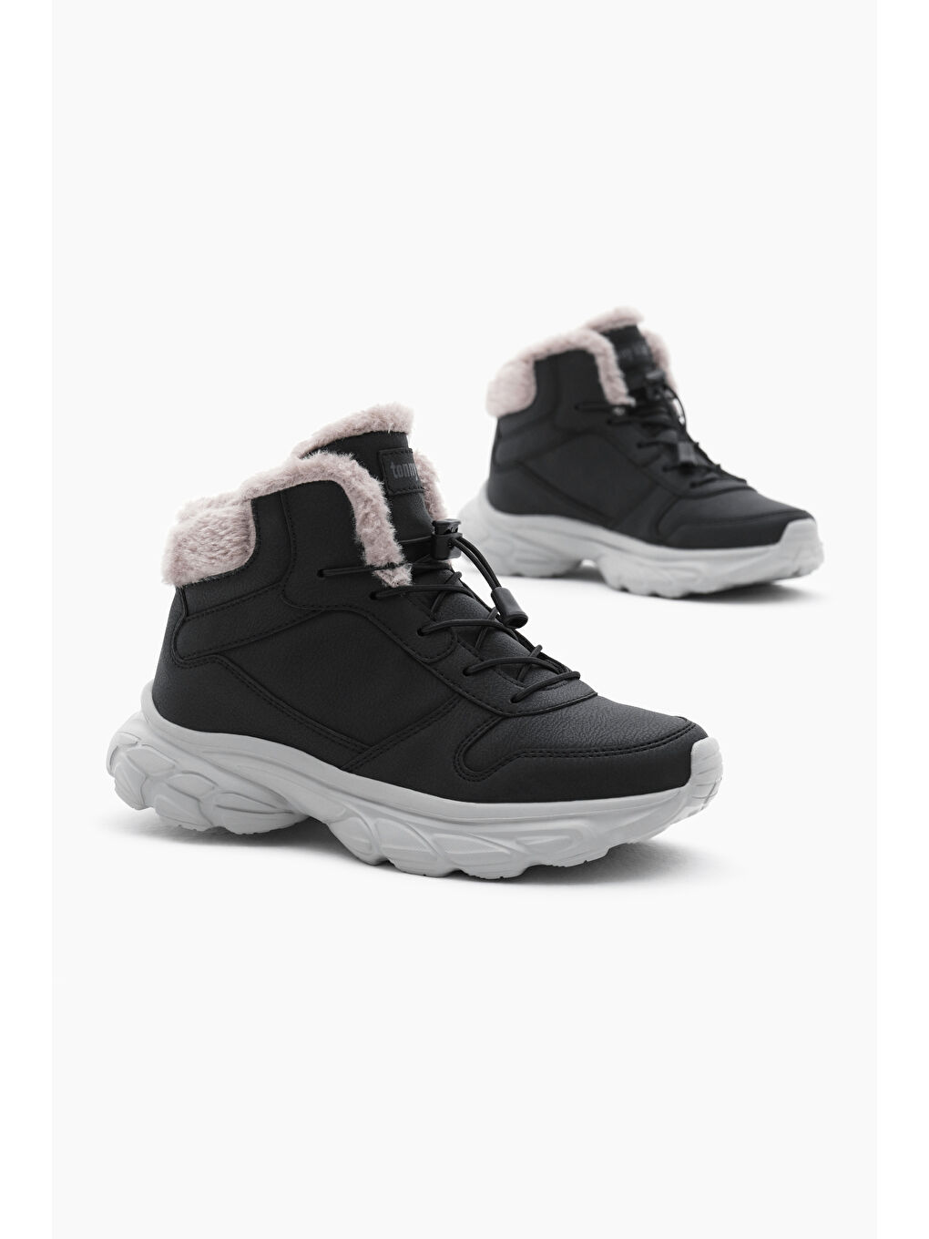 Çocuk Unisex Siyah Faylon Taban İçi Kürklü Lastik Bağcıklı Bot-3