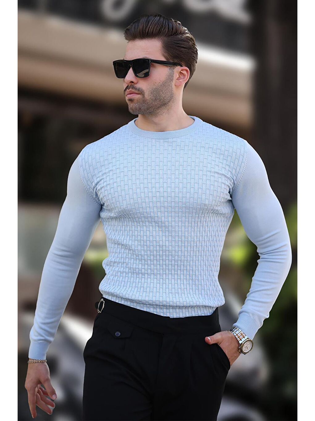 Mavi Desenli Erkek Triko Kazak 7266