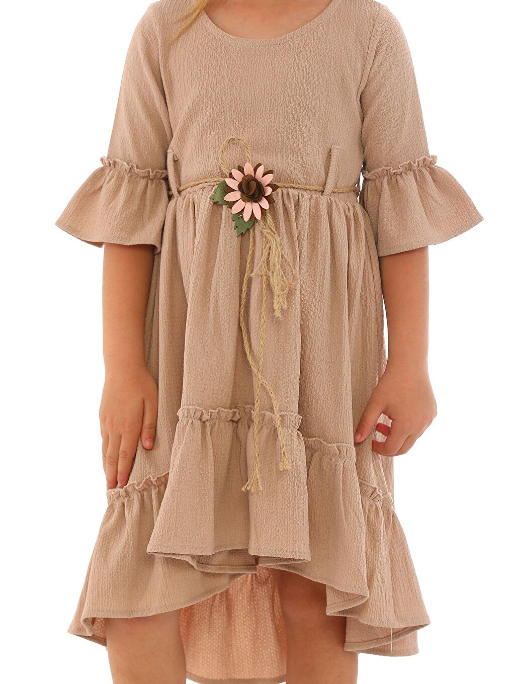 Bisiklet Yaka Karpuz Kol Beli Hasır Kuşaklı Bej Renk Kız Çocuk Elbise-5